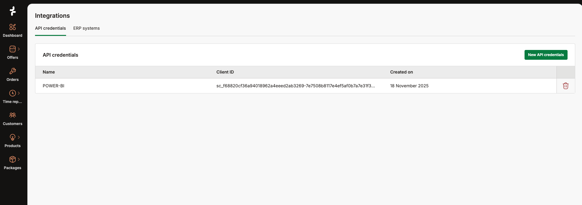 Spark Integrations page showing API credentials tab