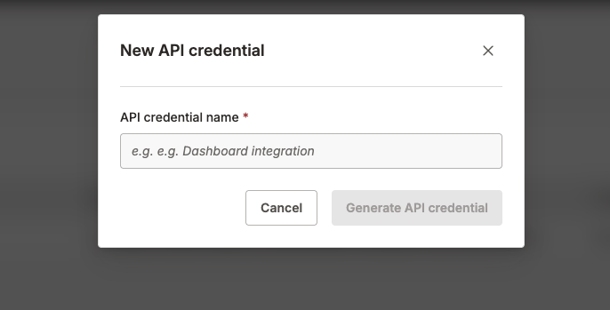 New API credential dialog with name field