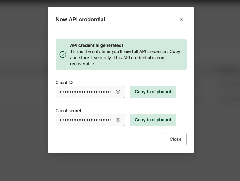 Generated API credential showing Client ID and Client Secret